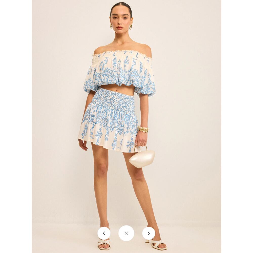 Commense Cream Off-Shoulder Crop Top with Blue Floral Print